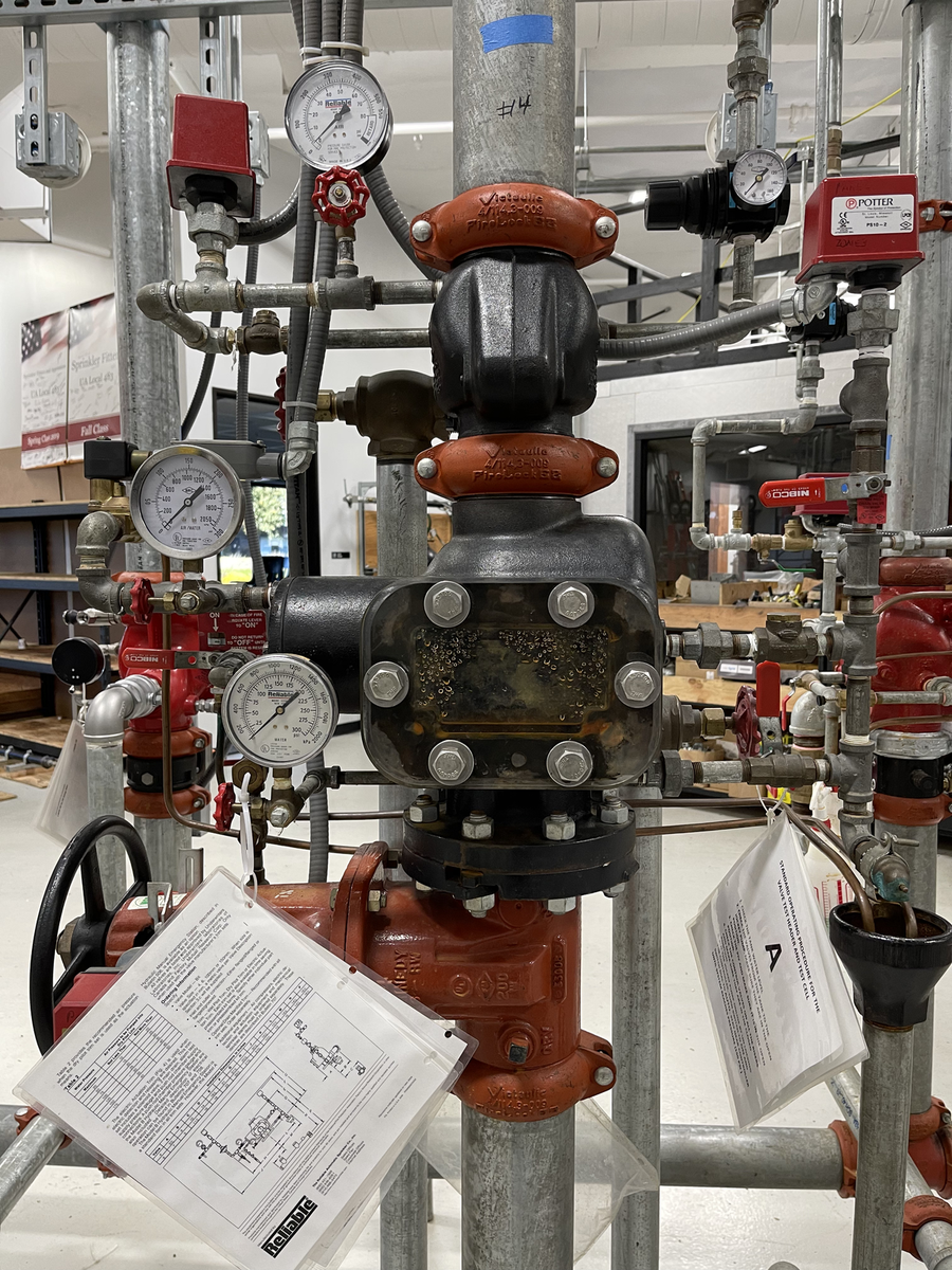 Sprinkler riser with control valves, pressure gauges and inspection tags