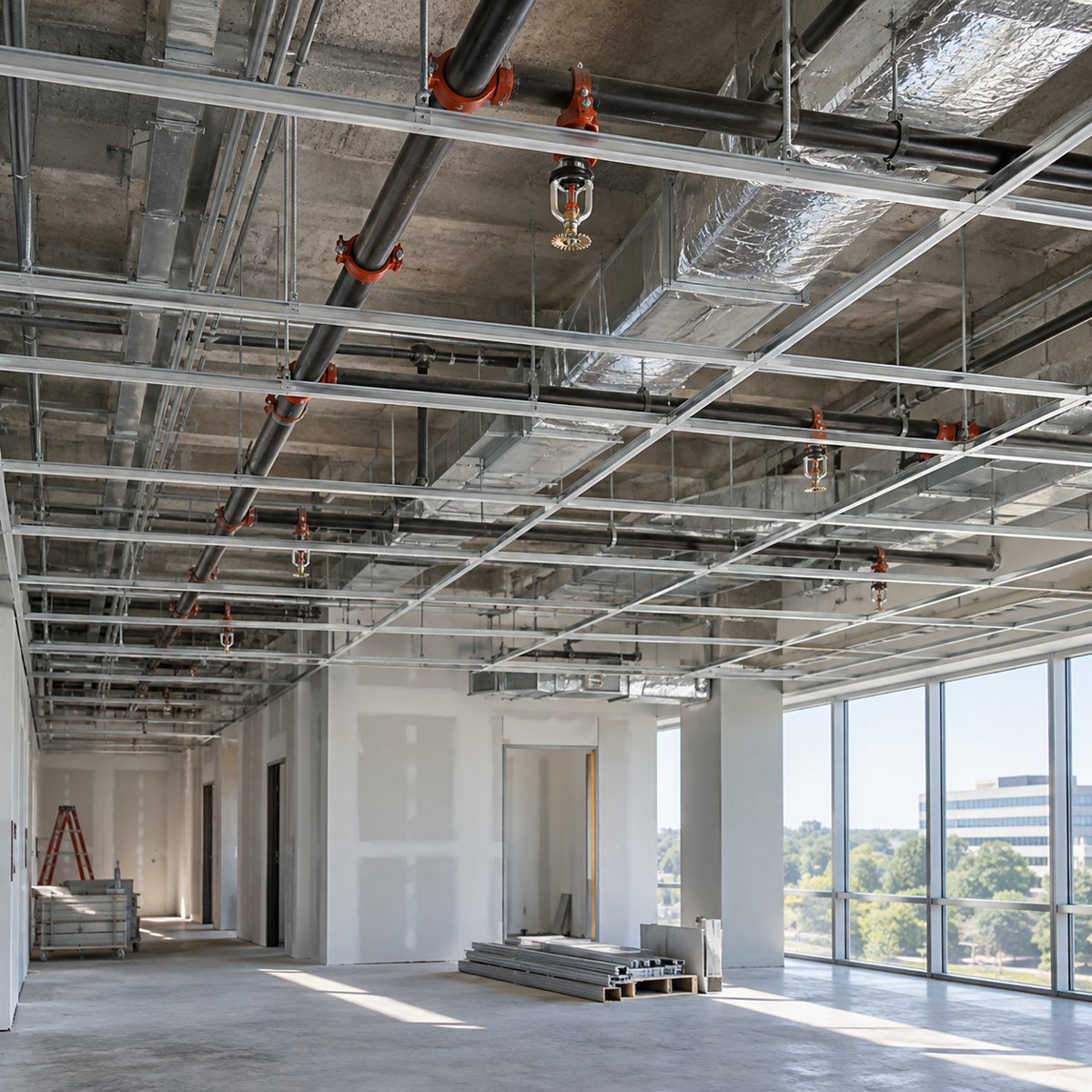 Generated sample illustration of sprinkler piping above an unfinished office ceiling