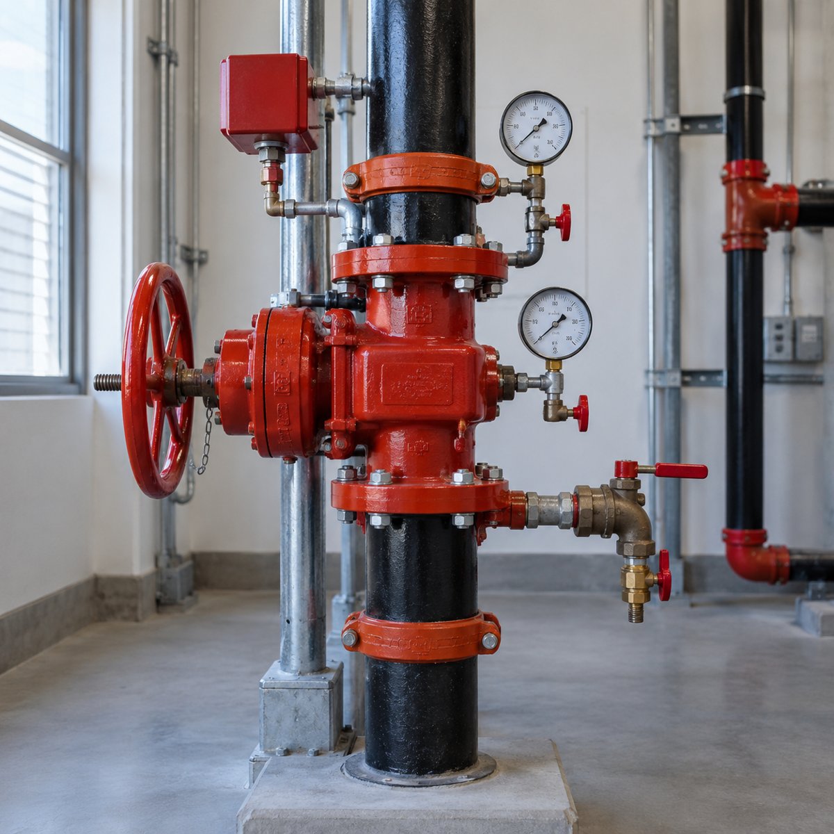 Generated sample illustration of a sprinkler riser with gauges and test drain